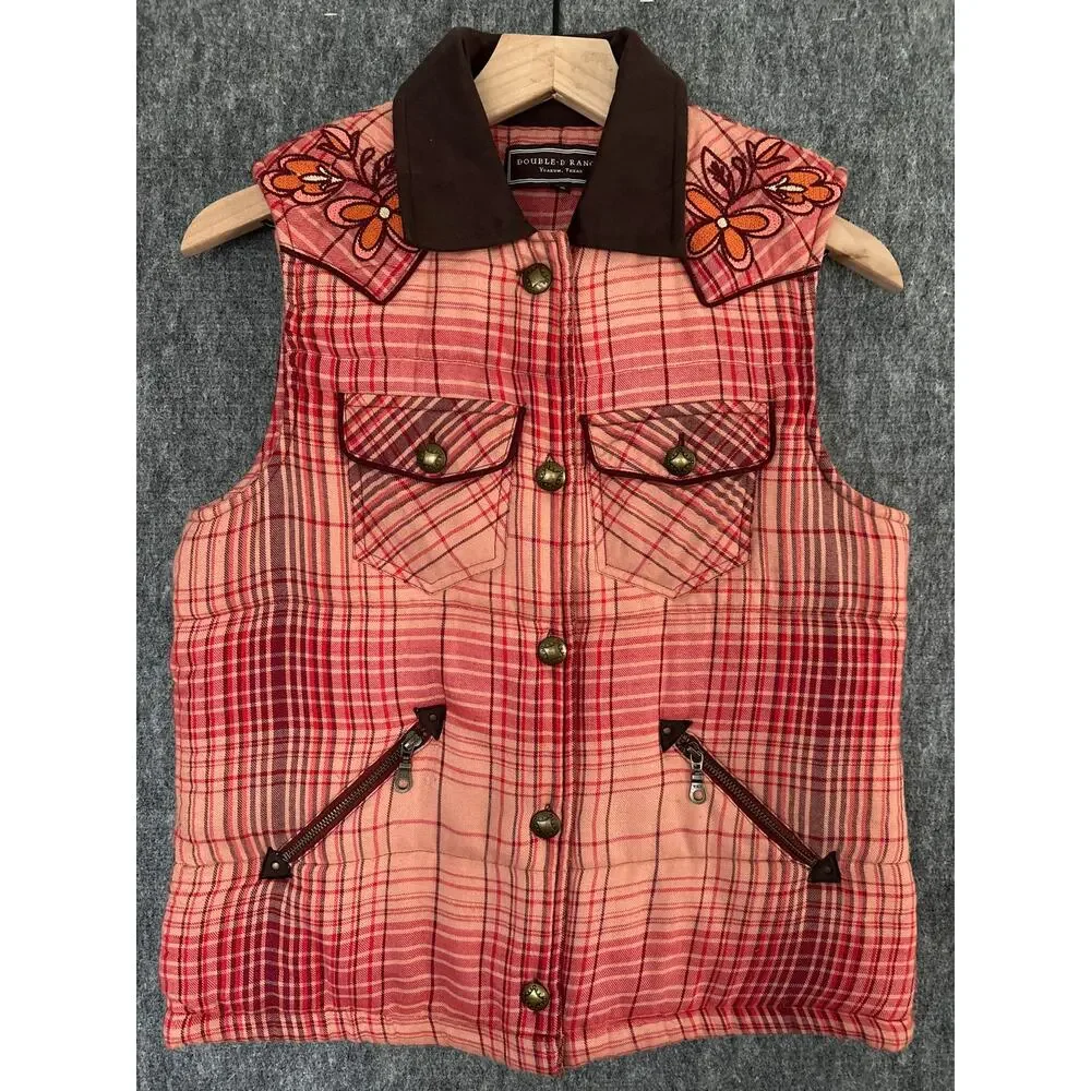 Double D Rach Comal Plaid‎ Vest Pink Peachy Hues Embroidered Concho Buttons XS